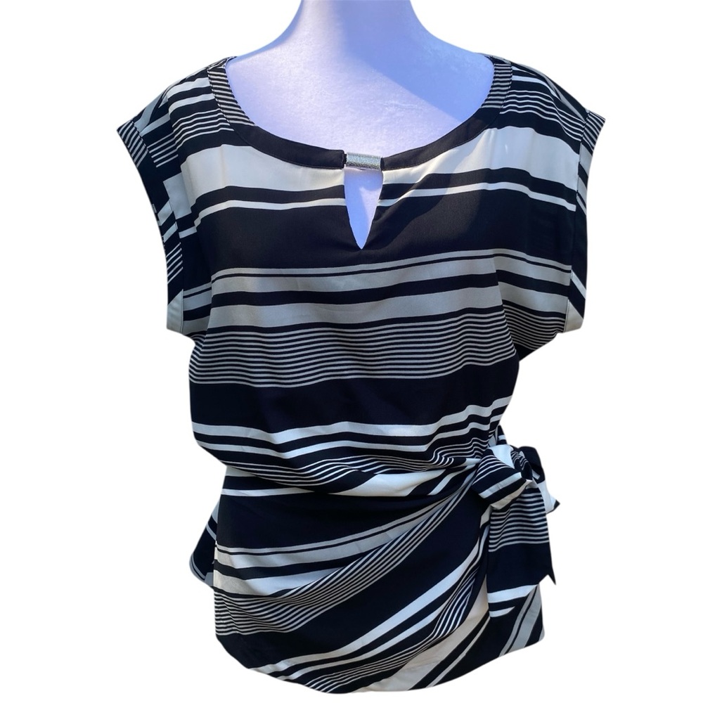 New York & Company Round Neck Black and White Striped Blouse Side Bow Tie Size L
